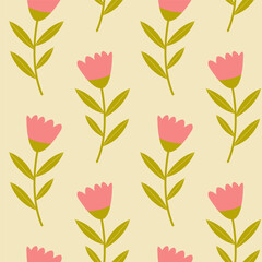 A Colorful and Vibrant Floral Pattern Featuring Beautiful Pink Flowers and Green Leaves