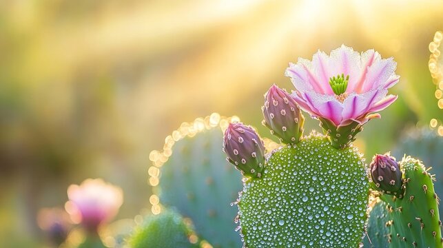 Prickly pear cactus blooming, glistening with morning dew, radiating warmth under soft sunlight, capturing desert's delicate beauty