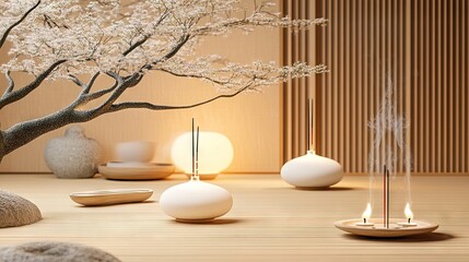 Serene minimalist room, wooden floor, incense burning, zen garden background; meditation, spa, peace