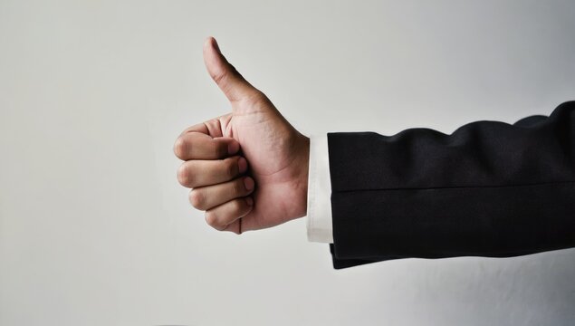 Thumbs Up: A close-up shot of a hand in a business suit giving a thumbs-up gesture, signifying approval, success, or positivity.  