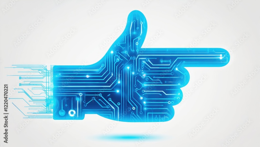 Aufkleber digital hand pointing right: a futuristic and abstract digital hand with blue circuit board pattern 