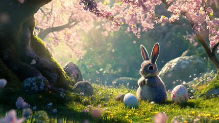 Cute easter bunny sitting in blooming meadow with colorful eggs