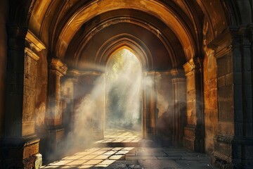 Obraz premium Light rays shining through archway entrance of aged church creating mystical atmosphere