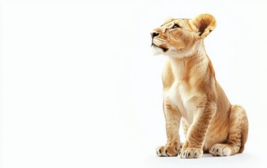 Obraz premium A regal lion sitting upright with a focused gaze, isolated on a bright white background