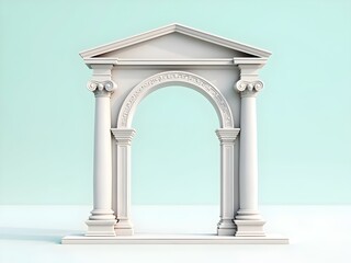 A 3D rendering of a classical Greek or Roman-style marble archway with a pediment and triangular roof. The archway features tall, slender columns with intricate carvings, creating a simple and elegant