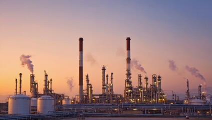 Industrial Silhouette at Dusk: A sprawling industrial complex silhouetted against a vibrant dusk sky.  Smoke billows from towering chimneys, reflecting the vibrant hues of a breathtaking sunset.