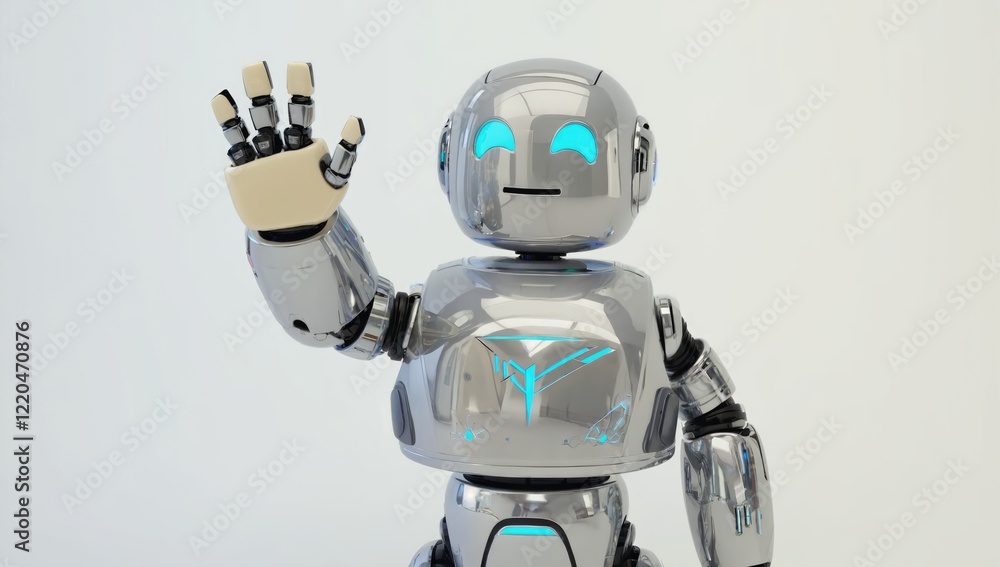 Poster friendly robot greeting: a charming silver robot with glowing blue eyes extends a welcoming hand, in