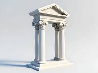 A 3D rendering of a classical Greek or Roman-style marble archway with a pediment and triangular roof. The archway features tall, slender columns with intricate carvings, creating a simple and elegant