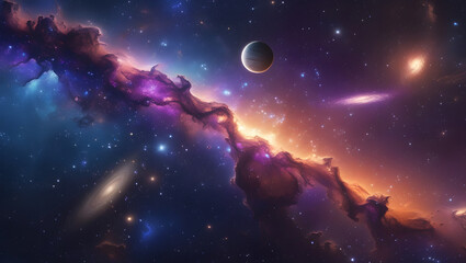 Fototapeta premium Two planets in vibrant nebula with stars; futuristic space exploration concept suitable for science fiction book cover or digital art