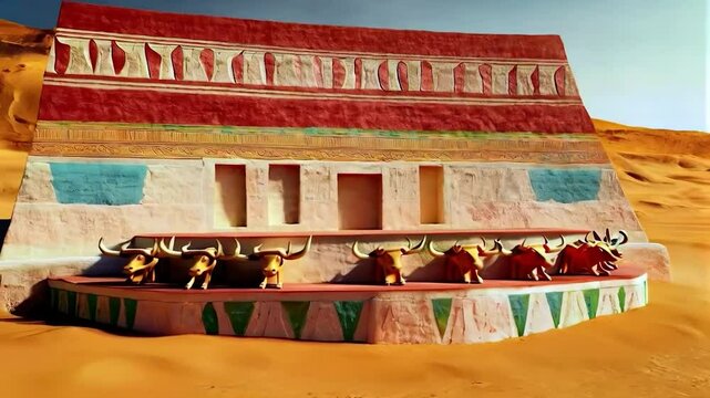 Early Egyptian Mastaba Tomb of King Djed at Saqq&acirc;ra, 3100 BCE, Vivid Facade with Clay Bull Heads, Desert Landscape, Cinematic Zoom-In Shot