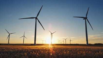 Wind Power Sunset:  A mesmerizing landscape of wind turbines silhouetted against a vibrant sunset,  symbolizing a clean energy future.