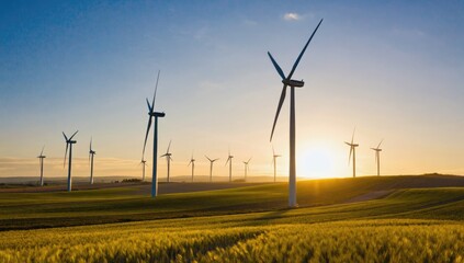 Obraz premium Sunset Wind Farm: Rows of wind turbines stand tall against a vibrant sunset, their silhouettes dramatically etched against the golden sky above a field of wheat.