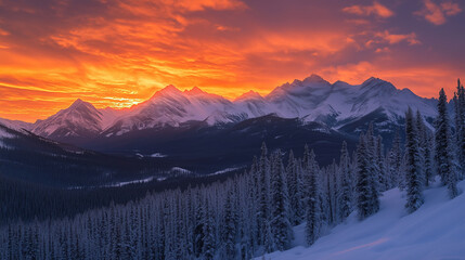 雄大な雪山連峰を赤く照らす日の出と朝焼けをリアルに描いたAI生成画像