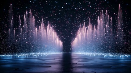 a abstract digital art with fountain water that are shooting up like fireworks.