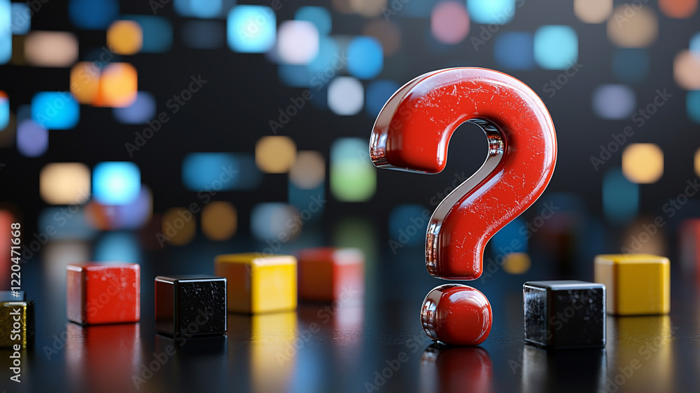 Poster a shiny red question mark stands out against a dark background with colorful bokeh and small, textur