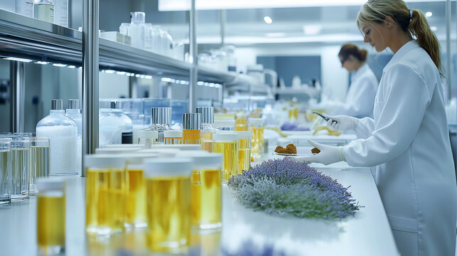Modern cosmetic manufacturing facility showcases product formulation and quality testing in a lab environment