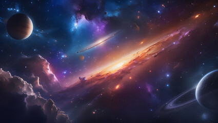 Obraz premium Two planets in vibrant nebula with stars; futuristic space exploration concept suitable for science fiction book cover or digital art