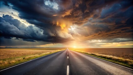 Naklejka premium Asphalt Road Leading Towards a Dramatic Sunset Under a Stormy Sky