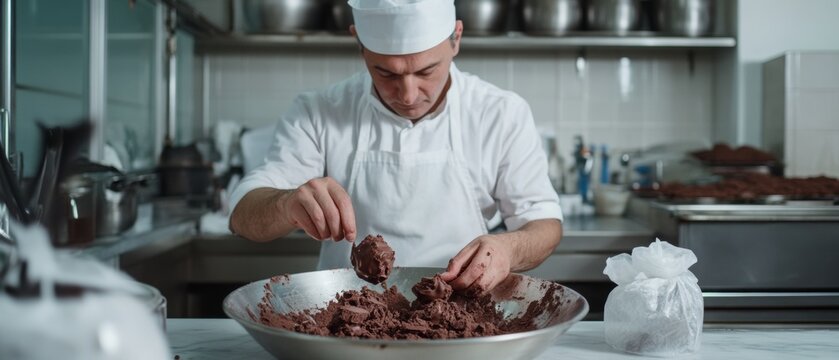 A baker in a white uniform artfully mixes ingredients in a large bowl within a professional kitchen, preparing something delicious.