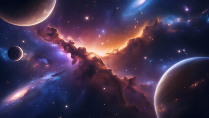 Naklejka premium Two planets in vibrant nebula with stars; futuristic space exploration concept suitable for science fiction book cover or digital art