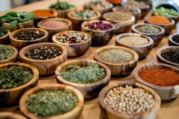 Fototapeta premium Colorful spices and herbs presented in small wooden bowls, creating a vibrant display on a wooden table