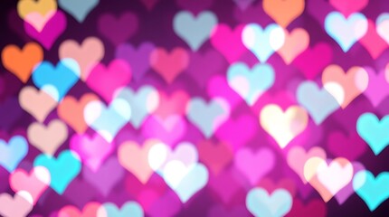 Colorful heart bokeh, vibrant pink background, blurred love symbols, Valentine's Day backdrop, glowing heart shapes, romantic atmosphere, soft focus, dreamy lighting effect, multicolored hearts, festi