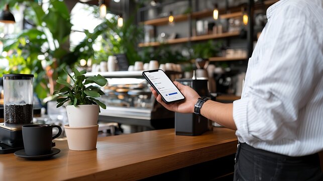Person Using a Mobile Payment App in a Coffee Shop