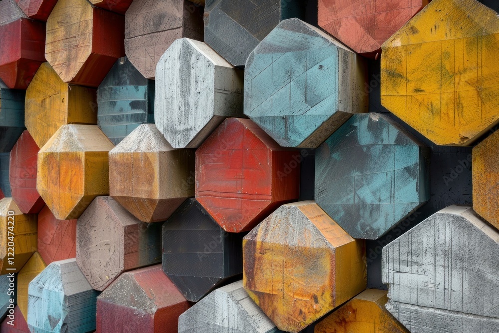 Poster colorful hexagonal wooden blocks creating a textured and visually appealing wall design