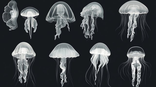 Collection of Diverse Jellyfish Species in Various Life Stages