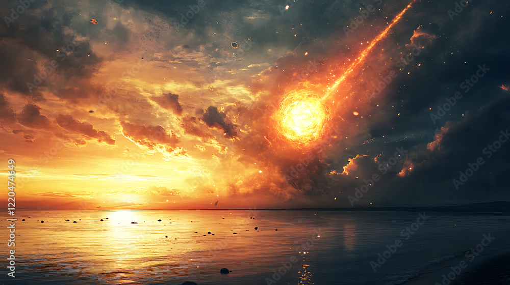Wall mural 1. a glowing meteor crashing into a serene ocean, creating an immense, radiant splash. (2)