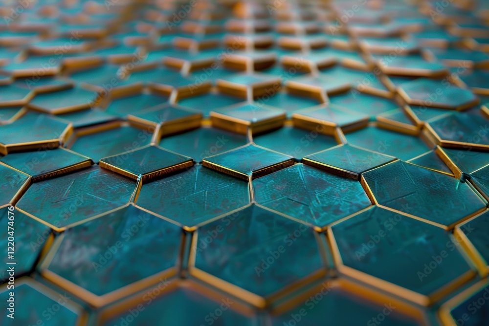 Poster metallic turquoise hexagonal tiles with golden borders creating a futuristic and technological patte
