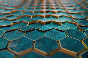 Metallic turquoise hexagonal tiles with golden borders creating a futuristic and technological...