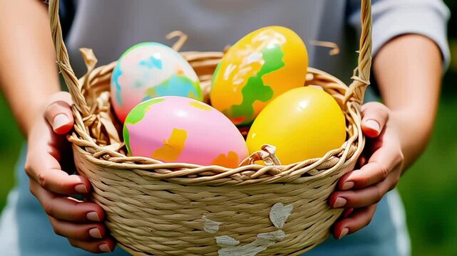 Colorful Easter eggs in basket. Kids hunt for eggs outdoors