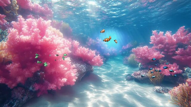 Pink coral reef with tropical fish swimming in clear underwater scenery seamless looping 4k time-lapse animation video background