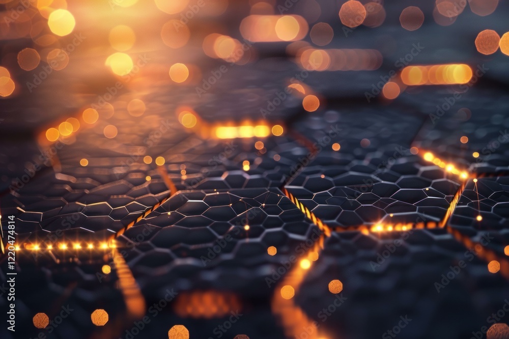 Poster abstract background showing hexagonal shapes glowing with orange lights, creating a futuristic and t