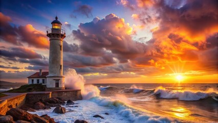 Fototapeta premium Majestic Lighthouse with Dramatic Sunset and Crashing Waves