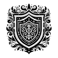 Black and White Floral Ornament Design with Symmetrical Shield