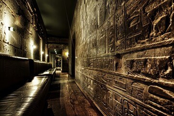 Obraz premium Hieroglyphics cover the walls of a dimly lit corridor furnished with benches, evoking the atmosphere of an ancient egyptian tomb