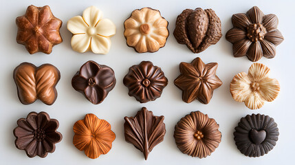 A set of pralines shaped like flowers, hearts, and leaves, filled with creamy vanilla, chocolate mousse, and caramelized hazelnuts for a rich, indulgent experience.
