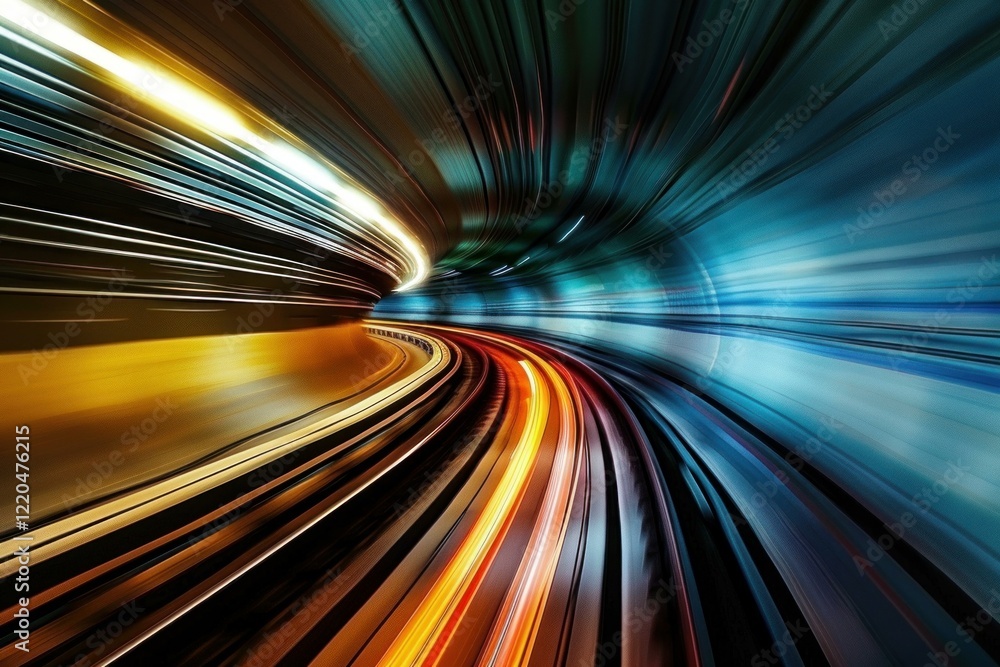 Poster light trails create a vibrant and dynamic scene inside a tunnel, capturing the essence of speed and 