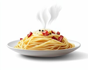 Isolated on white background Delicious spaghetti with bacon and steam