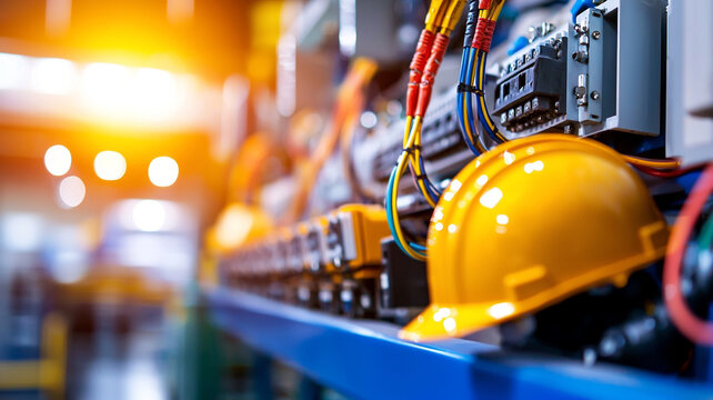 Industrial Safety Close Up of Yellow Hard Hat Among Complex Machinery and Wiring in a Factory Setting