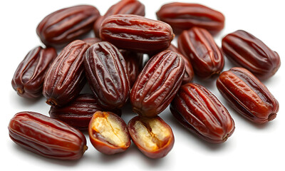 Many dark brown dates with a white background for food magazines, recipe websites, social media posts, and cooking blogs