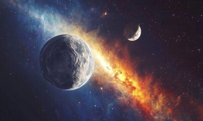 Obraz premium Dramatic Space Scene with Glowing Planet and Distant Moon Amidst Colorful Nebula, Nighttime Earth Captured from Space, Generative AI
