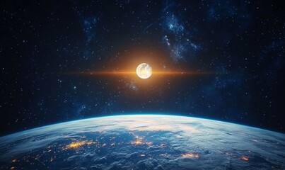 Obraz premium Dramatic Space Scene with Glowing Planet and Distant Moon Amidst Colorful Nebula, Nighttime Earth Captured from Space, Generative AI