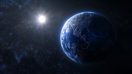 Obraz premium A blue planet Earth with the sun rising in space