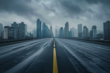 Fototapeta premium Empty highway leading to a modern city under a dark cloudy sky after rain