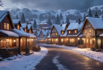Fototapeta premium A small village scene with snow-covered houses and a festive holiday market, festive lights, village scene, seasonal decorations