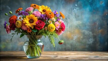 Fototapeta premium Freshly picked bouquet of colorful flowers arranged in a elegant vase , floral, bouquet