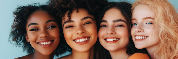 Fototapeta premium Group of diverse multiracial and multi ethnic female woman smiling. International Women's day banner